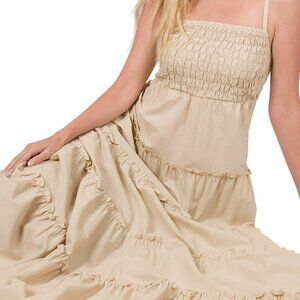 ZENANA PREMIUM SAND BEIGE WOVEN SMOCKED TOP TIERED SMALL CAMI MAXI DRESS